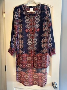 Knox Rose Navy and Red Paisley Sheer Tunic Blouse